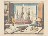 a picture of a painting of a ship in a room