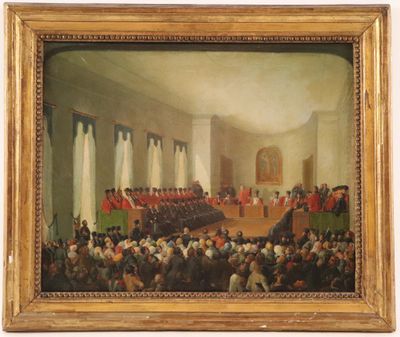 an image of a painting of a large group of people in a room