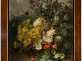 une peinture à l'huile représentant des fleurs dans un vase sur une table