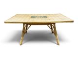 a bamboo table with a tile top on a white background