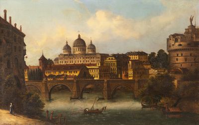 peinture d'une vue d'une ville avec un pont sur une rivière