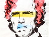 painting of a man in a suit and tie with a rainbow painted on his face