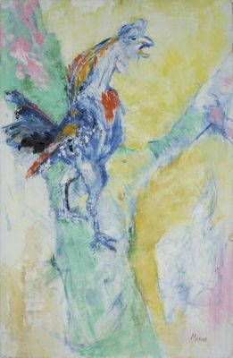 tableau représentant un coq dans un vase vert sur fond jaune