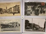four black and white photos of old postcards of a town