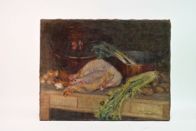 a painting of a turkey and vegetables on a table