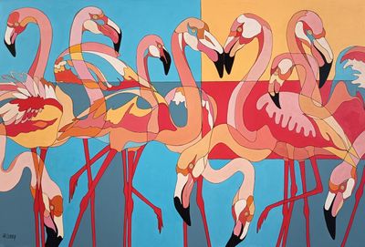 painting of a group of pink flamingos standing in a row