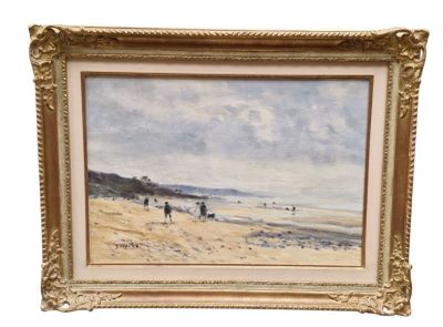 une image représentant un tableau représentant une scène de plage avec des personnes marchant sur le sable