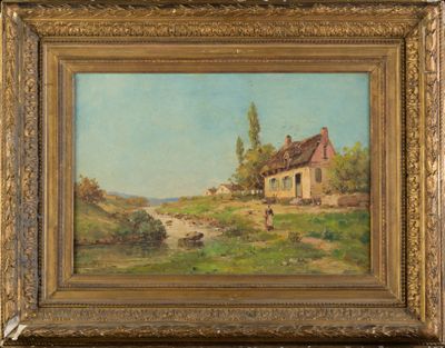 une peinture à l'huile représentant une maison sur une colline, avec un chien au premier plan