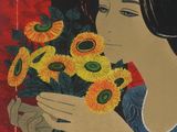 a painting of a woman holding a bunch of sunflowers