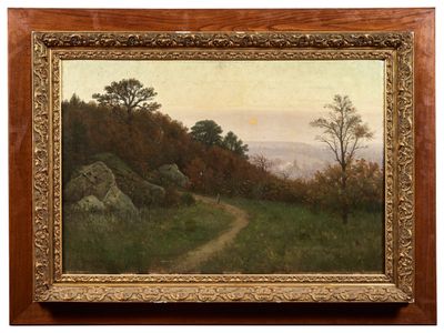 an image of a painting of a landscape with a path in the foreground