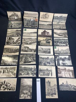 several old black and white photographs of a city and a train