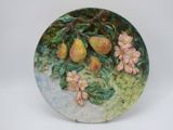 a plate with a painting of pears and flowers on it