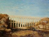 peinture représentant une peinture d'un pont dans un champ, avec des arbres au premier plan