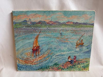painting of people on a small boat in a body of water with mountains in the background