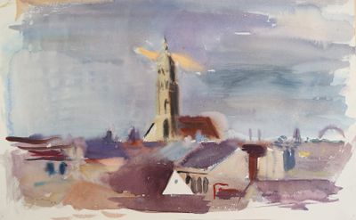 une aquarelle représentant un bâtiment surmonté d'un moulin à vent