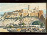 an oil painting of a castle on a hill with a town below