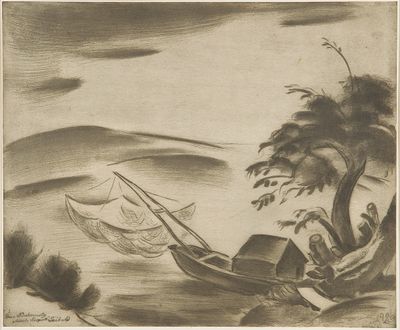 dessin représentant un bateau sur un plan d'eau, à côté d'un palmier