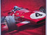an image of a painting of a racing car on a red background