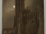une image représentant un tableau d'un château la nuit, éclairé par une lumière rouge