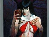 un tableau représentant une femme en bikini rouge tenant un verre de vin