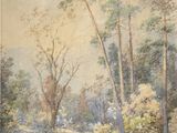 l'image d'une peinture représentant une rivière avec des arbres en arrière-plan