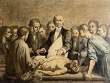 tableau représentant un homme allongé sur un lit, entouré d'un groupe de personnes