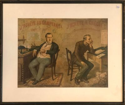 Gravure en couleur. "j'achète au comptant, j'achète à crédit…