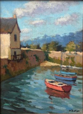 painting of boats on a river with a house in the background