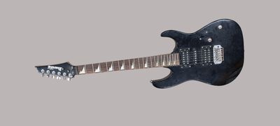 une image représentant une guitare électrique noire sur fond gris