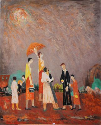 painting of a group of people standing in a field with an umbrella
