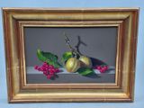 a picture of a painting of a pear and berries