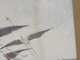 a painting of birds flying over a body of water