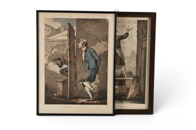 un vieux livre comportant deux illustrations représentant un homme en costume bleu