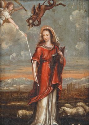 an image of a painting of a woman in a red dress holding a staff