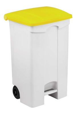 une poubelle blanche avec un couvercle jaune et des roulettes