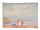 une peinture représentant un groupe de personnes marchant sur la plage