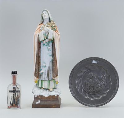 an image of a statue of a woman holding a bottle next to a coin