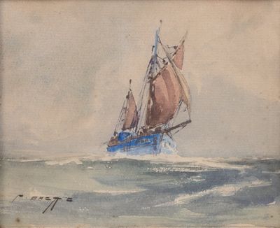 painting of a sailboat in rough water with a sky background