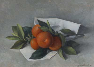 a painting of three oranges on a plate with leaves