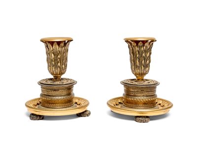pair of antique brass candlesticks on stand with red glass