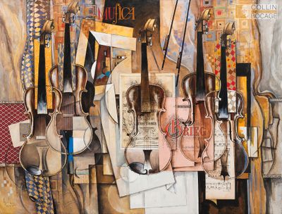 une peinture représentant un ensemble d'instruments de musique accrochés à un mur