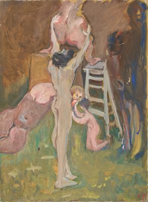une image représentant un tableau où l'on voit un homme debout à côté d'une vache