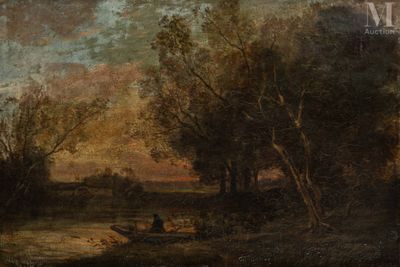une image représentant un tableau d'une rivière avec un bateau au premier plan