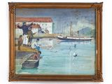 painting of a group of people standing on a dock with a boat in the background