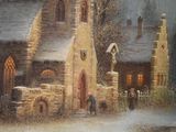 a painting of a church with a clock tower in the snow