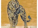 an image of a painting of a tiger standing on a beach