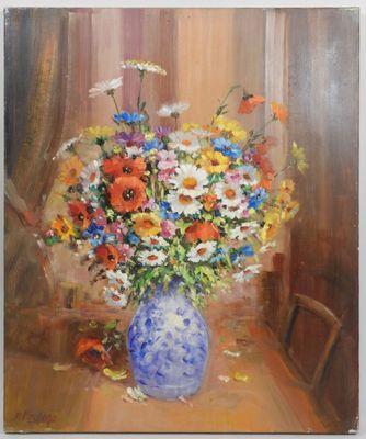 a painting of flowers in a blue vase on a table