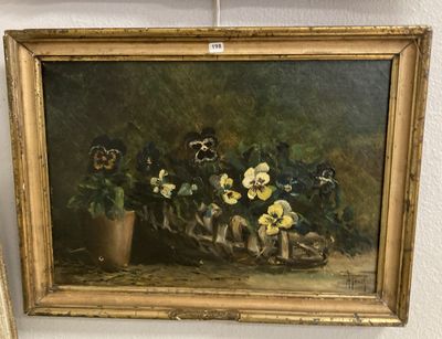 une peinture à l'huile représentant des pensées dans un vase posé sur une table