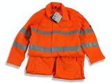 an orange jacket with reflective stripes on it