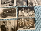 several old black and white photos of a group of people on a bed